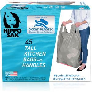 Hippo Sak - Tall Kitchen Garbage Bags with Ergonomic Handles - 13 Gallon Trash Bags Made from Recycled Ocean Bound Plastic - Super Strong and Leak Proof Tall Kitchen Trash Bags (45 Count)