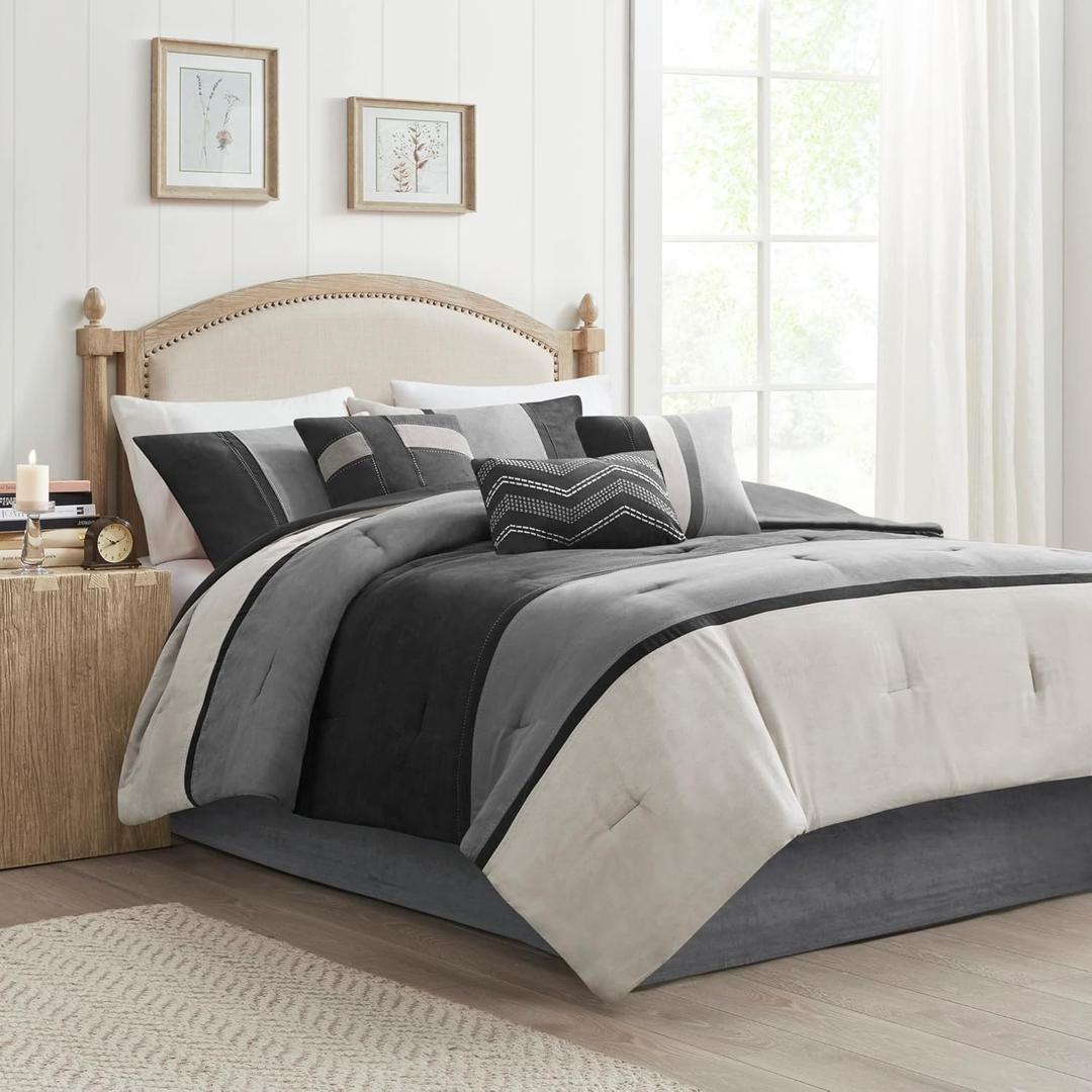 Madison Park Palisades Comforter Set Modern Faux Suede Pieced Stripe Design, All Season Down Alternative Cozy Bedding with Matching Shams, Decorative Pillows, Queen(90"x90"), Black 7 Piece