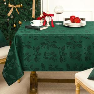 Softalker Christmas Jacquard Tablecloth - Waterproof Winter Vintage Damask Rectangle Table Cloth, Xmas Holly Polyester Fabric Table Cover Decor for Holiday, Dining, Party - Green 60 x 84 Inch