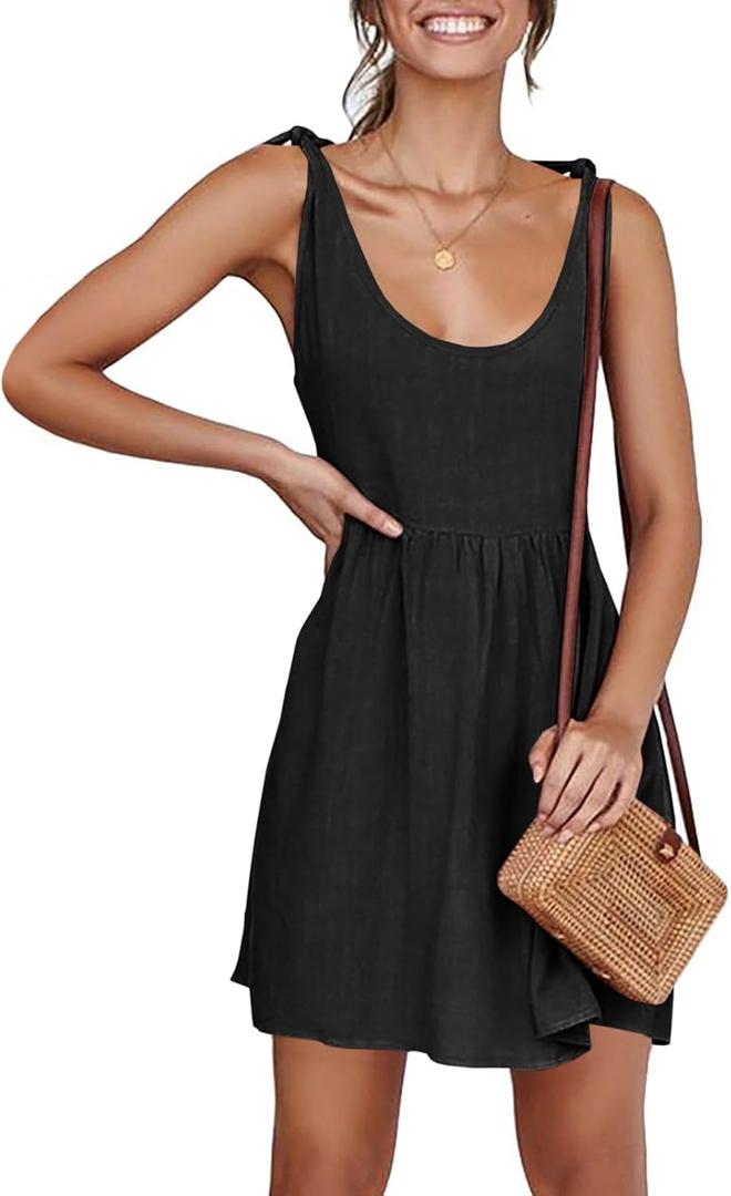 Wenrine Womens Summer Shoulder Tie Strap Babydoll Dress 2025 Casual Scoop Neck A-Line Skater Swing Mini Sundress, Size: M-L