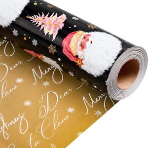 MAYPLUSS Christmas Wrapping Paper Roll - 17IN X 33FT - Black Gift Wrap Paper Featuring Santa Claus Snowflake Christmas Tree Reversible Gold for Kids, Holiday, New Year