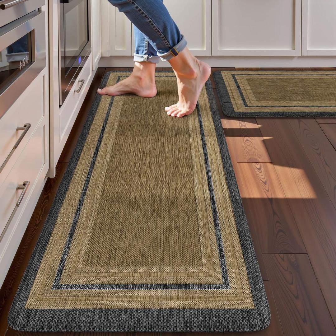KIMODE Anti Fatigue Kitchen Mats 17"x47"+17"x29", Farmhouse Kitchen Rugs Sets of 2, Non Slip Kitchen Mats for Floor, Cushioned Comfort Standing Mats for Sink Laundry Office Desk Grey/Brown