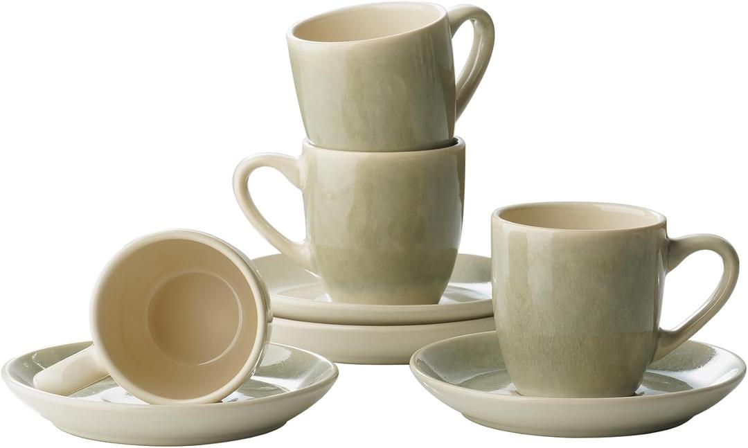 famiware Glacier Espresso Cups with Saucers Set of 4, 3oz Espresso Cup Set, Coffee Mug Set for Latte, Macchiato, Stoneware Demitasse Cups Set for Cafe, Microwave&Dishwasher Safe, Sage Green