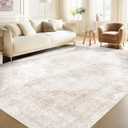 Area Rug 6x9 Vintage Rugs: Washable Living Room Rug Retro Medallion Distressed Large Rug Soft Low Pile Non-Slip Rugs Indoor Floor Carpet for Bedroom Kitchen Nursery Dining Table Office (Beige/Brown)