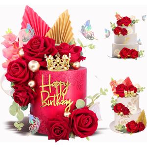 24CS Boho Cake Topper Flower Red Cake Toppers Flower Palm Leaves Faux Flowers Butterfly Balls Eucalyptus Butterfly Wedding Cake Topper Decorations Baby Shower Wedding Birthday Holiday Party Supplies