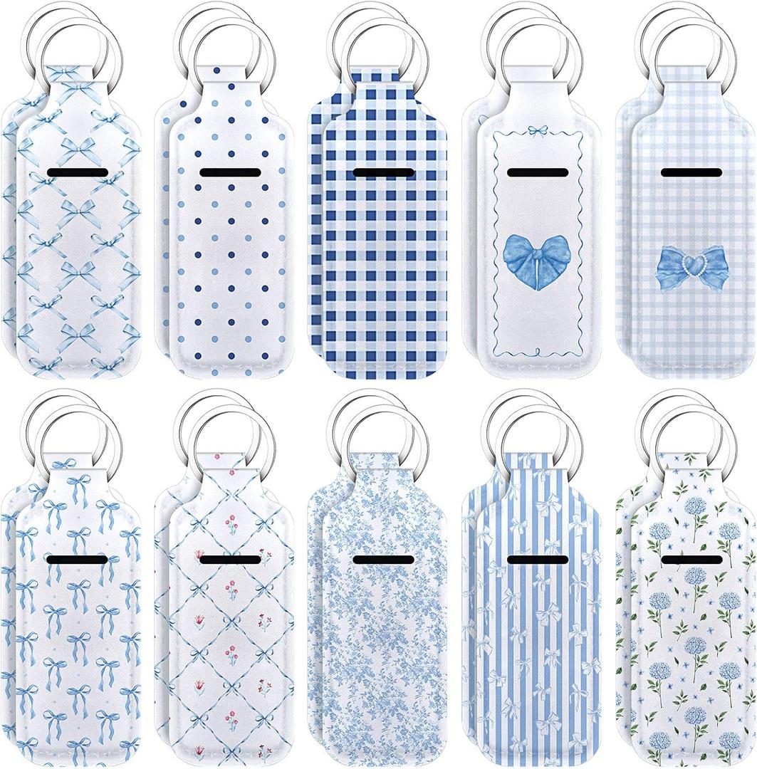 Ctosree 20 Pcs Valentine's Day Team Gifts Bulk Coquette Bow Lipstick Holder Keychain Bulk Galentines Birthday Party Favor(Blue,Elegant Style)