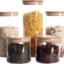Stackable Kitchen Canisters Set, Pack of 5 Clear Glass Food Storage Jars Containers with Airtight Bamboo Lid for Candy, Cookie, Rice, Sugar, Flour, Pasta, Nuts