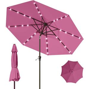 Tobeos 9FT Patio Umbrella with Solar Lights,Outdoor Market Umbrella with Tilt and Crank, LED Lighted Table Umbrella for Garden,Deck,Backyard,Pool,Beach, Pink