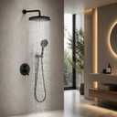 12 Inch Rain Shower Head with Handheld Spray, 2-Function High Pressure Shower System, Wall Mounted Rainfall Shower Head with 3 Modes Handheld Shower, Brass Rough-in Valve Included, Matte Black