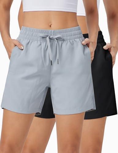 ZUTY 2 Pack 5" Womens Athletic Shorts Basic Running Shorts Lightweight Quick Dry Gym Workout Shorts with Pockets, L