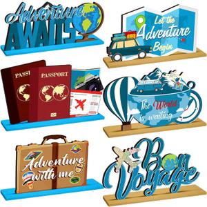 6 Pcs Travel Themed Wooden Centerpieces Table Toppers Adventure Awaits Party Decor Travel Around The World Bon Voyage Table Decor Photo Props for Let The Adventure Begin Going Away Party