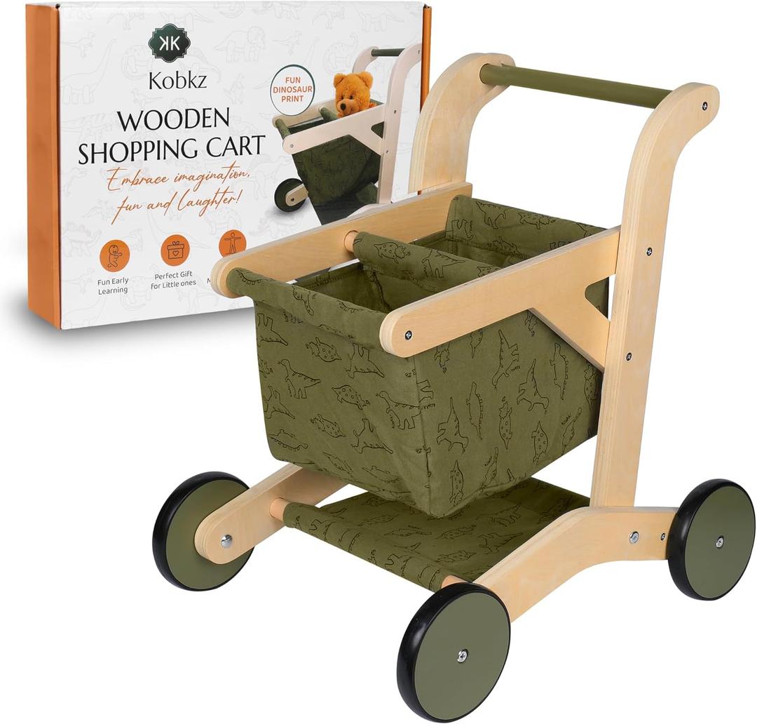 Kids Shopping Cart & Wooden Baby Walker  Baby Doll Stroller for Toddlers 1-3, Push Toy Walker, Montessori Toddler Walking Toy & Baby Shopping Cart  Durable Toddler Walker Push Toy