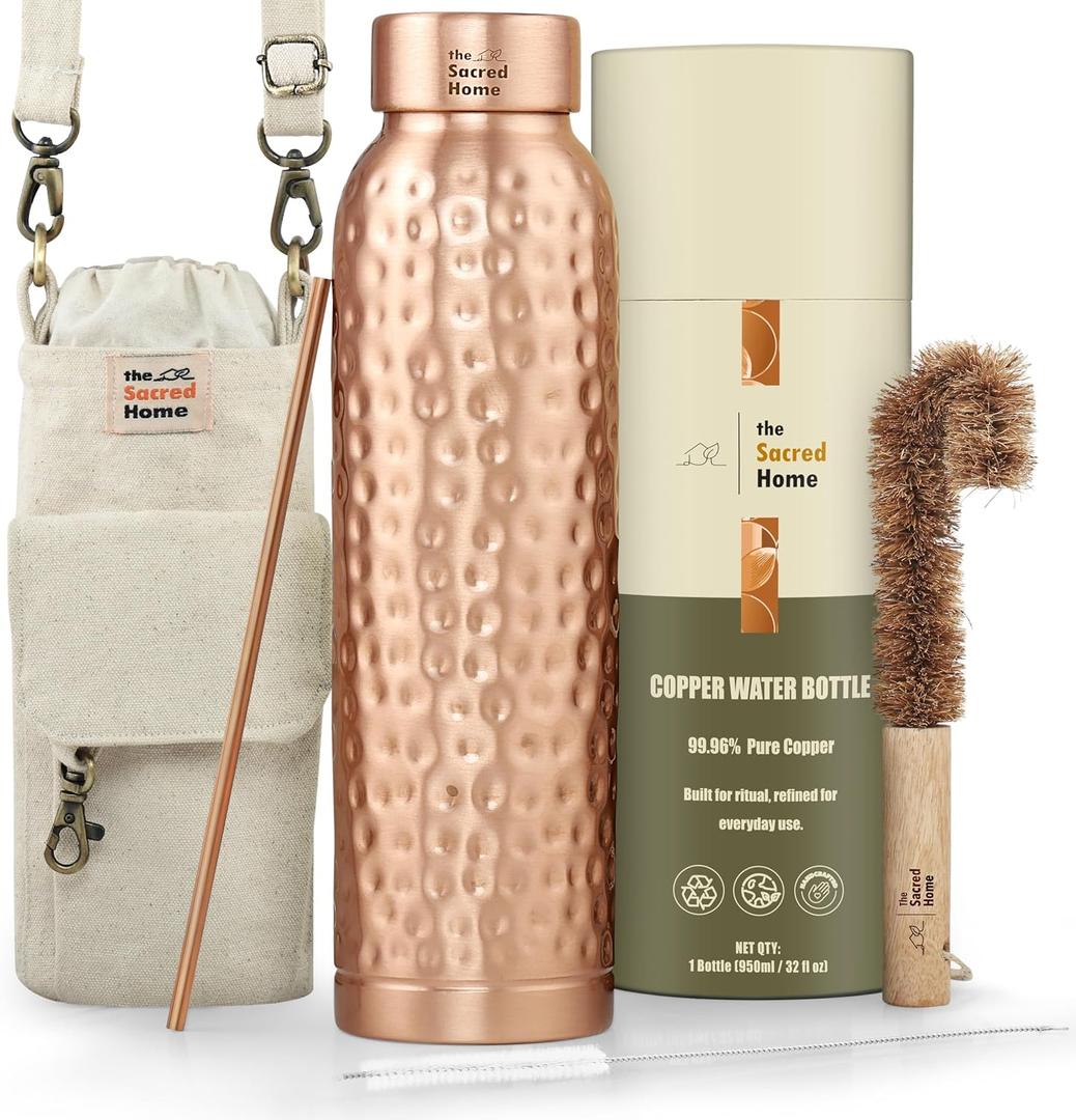 Premium 99.96% Pure Copper Water Bottle, 32 oz (950 ml), Hand-Hammered Finish,Leak-Proof Cap | Canvas Bag, Coconut Fiber Brush & Copper Straw Cleaner | Home, Office, Gym & Travel