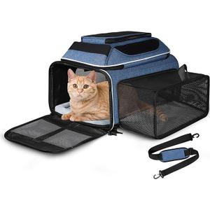 Petskd Top and Side Expandable Pet Carrier 18x11x11 Inches Delta United Airline Approved, SoftSided Carrier for Small Cats and Dogs with Locking Safety Zippers and AntiScratch Mesh(Blue)