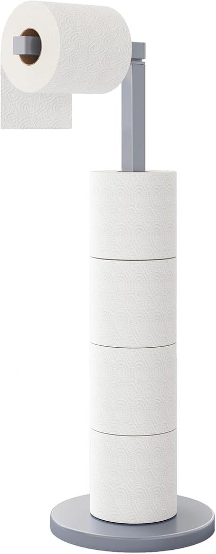 Fixwal Toilet Paper Holder Stand, Free Standing Modern Bathroom Holder with Stable Weighted Base, Rustproof Tissue Roll Holder, Toilet Storage and Organize (Dark Silver)