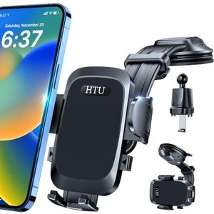 HTU [True Military-Grade Car Phone Holder [2025 Upgraded Strongest Suction & Vent Clip] Cell Phone Car Mount for Dashboard Windshield Vent Truck Cradle Dash Stand,(Black)