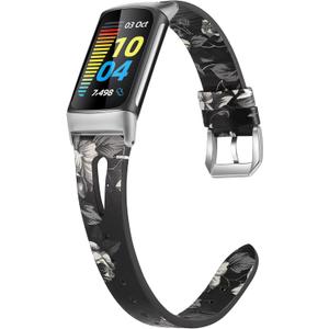 Wearlizer Compatible with Fitbit Charge 6/Charge 5 Bands - Slim Leather Watch Band Accessories for Women & Men, White Floral