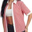 LYANER Women's Cotton Plaid Print Collared Button Down Short Sleeve Y2k Preppy Blouse Tops (Small)
