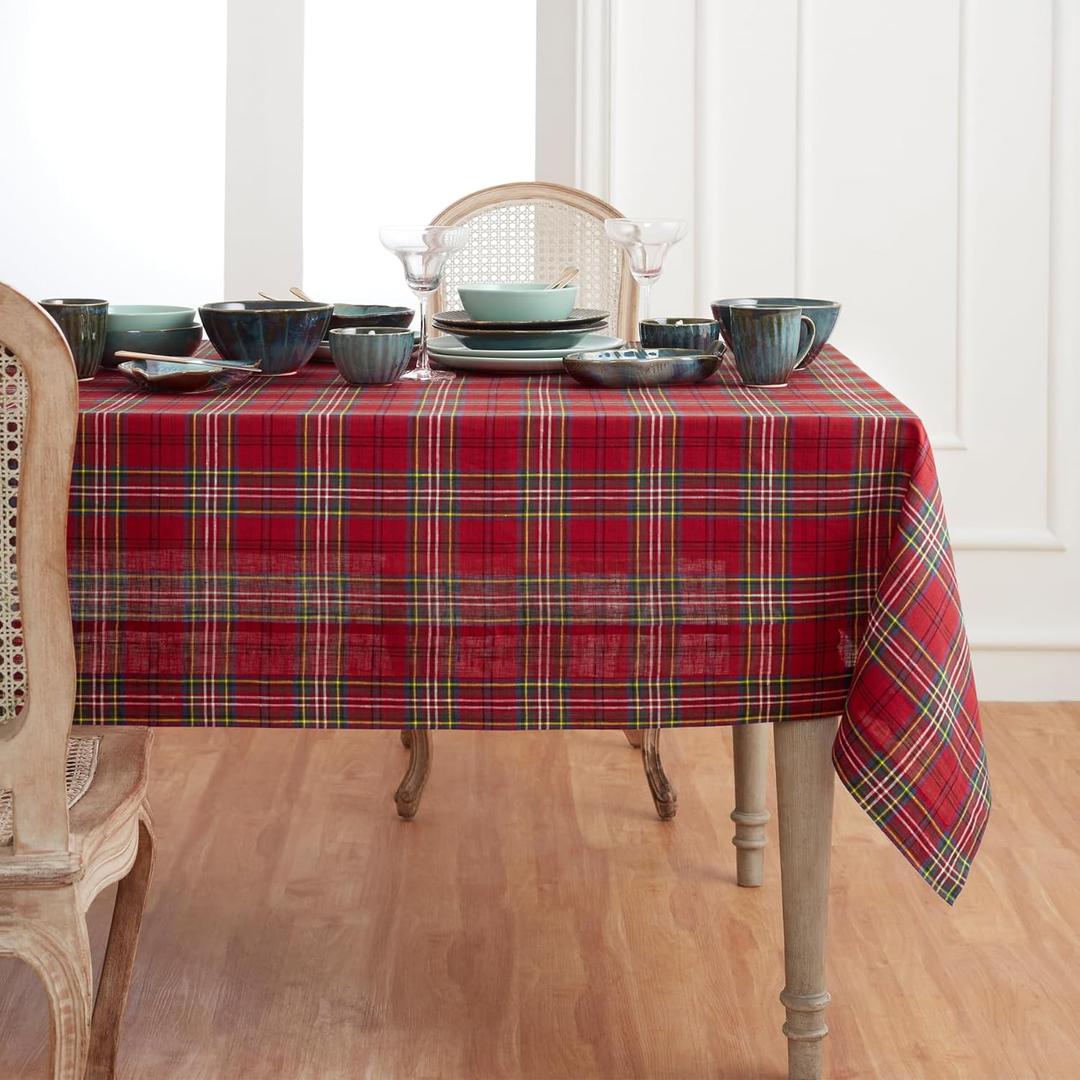 Solino Home Plaid Tablecloth 60 x 108 Inch - 100% Pure Linen Red Classic Tartan Plaid Table Cloth for Rectangle Tables - Machine Washable Tablecloth