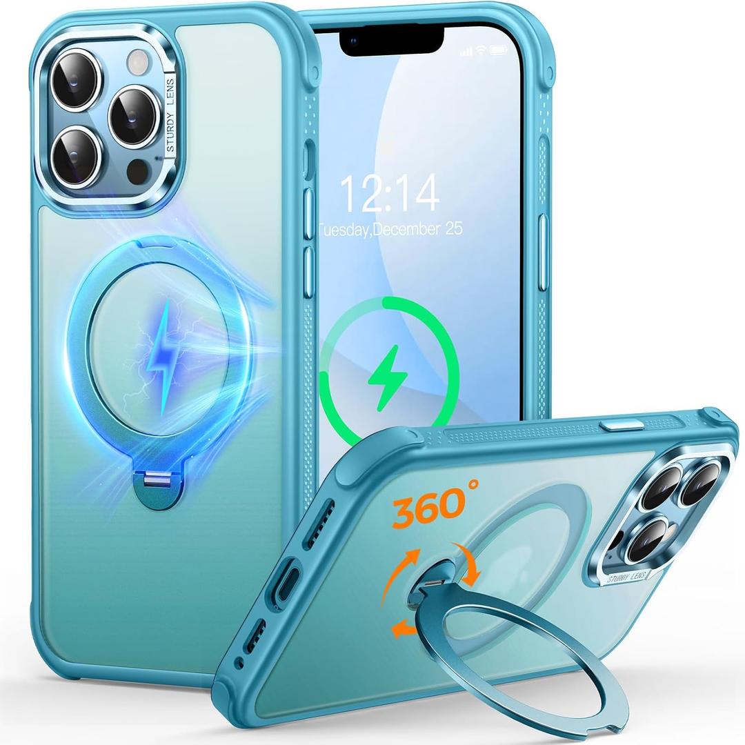 O3 Mag-Stand Designed for iPhone 13 Pro Case with 360 Spin Stand, [Compatible with mag Safe][Super Skin Feeling] Translucent Matte Magnetic Slim Phone Case 6.1 inch, Matte Lake Blue
