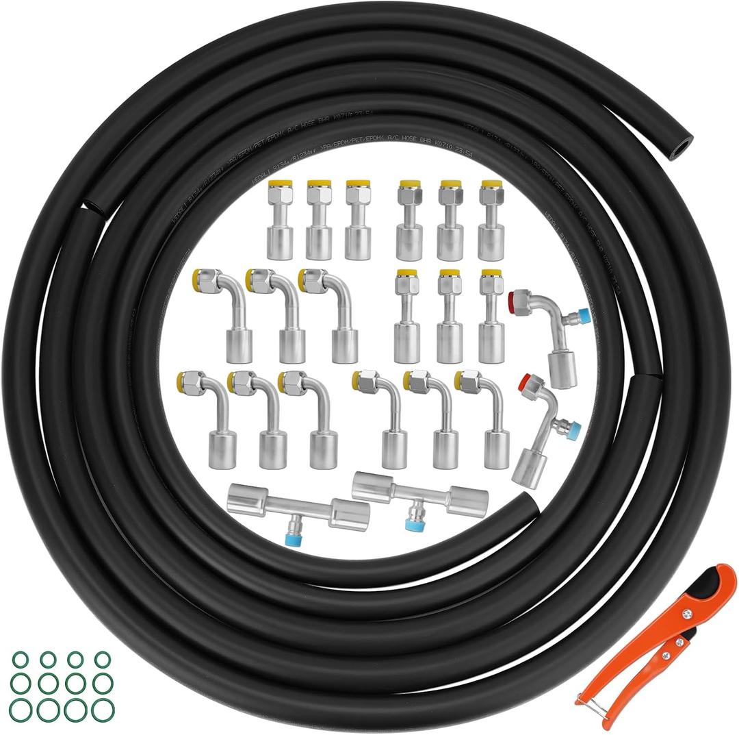 25PCS Air Conditioning Hose and Fitting Kit Includes 3PCS 9.8ft #6#8#10 Standard Barrier AC Hoses, 22PCS #6#8#10 AC Fittings, 12Pcs O-Rings, Universal Compatible with Auto AC Systems R134a