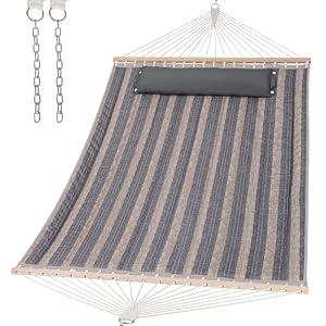 SUNCREAT Double Quilted Hammock with Hardwood Spreader Bar, Extra Large Soft Pillow, Heavy Duty 2 Person Hammock for Indoor, Outdoor, Gray Stripes