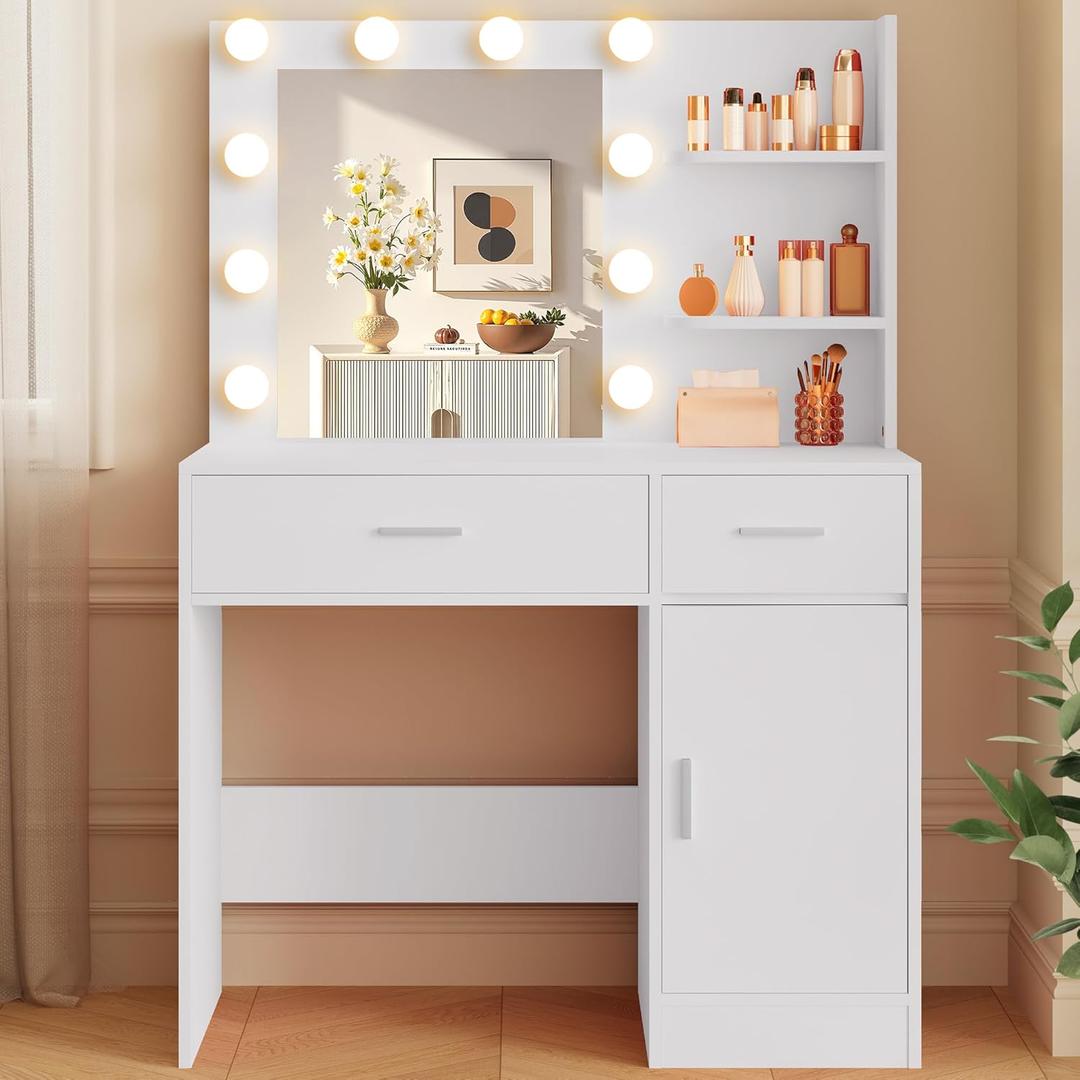 Lighted Makeup Vanity Desk, 35.4W x 15.7'D x 54H, White (with Lights and Mirror, Dimming Function, 2 Drawers and 1 Cabinet, Open Shelves) by Boahaus