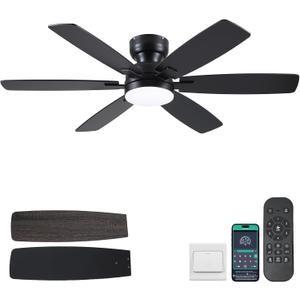 52" Ceiling Fans with Lights, Low Profile Ceiling Fan with Light and Remote/APP Control, Flush Mount Ceiling Fan with 6 Reversible Fan Blades, 3CCT, Dimmable, Quiet Motor for Bedroom Black