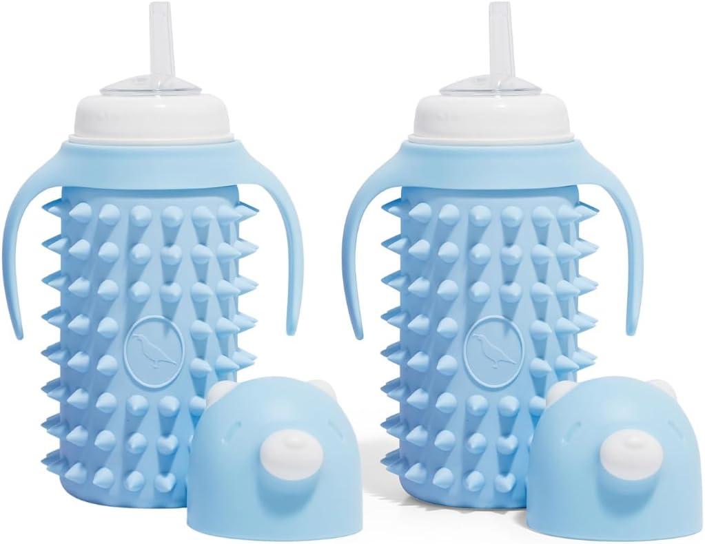 Tabor Place Set of 2 Glass Sippy Cup for toddlers/The Spikey Bear / 8oz / Strong glass/Protectitive silicone sleeve/Leakproof straw (Large)