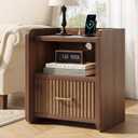 Night Stand with Charger Station - Modern Wood Nightstand with Drawer Storage, Fluted Wide Nightstands Bedside Table, Mid Century Night Stands for Bedroom Home Office Sofa, Walnut, 20"W x 15.4"D x 23.6"H