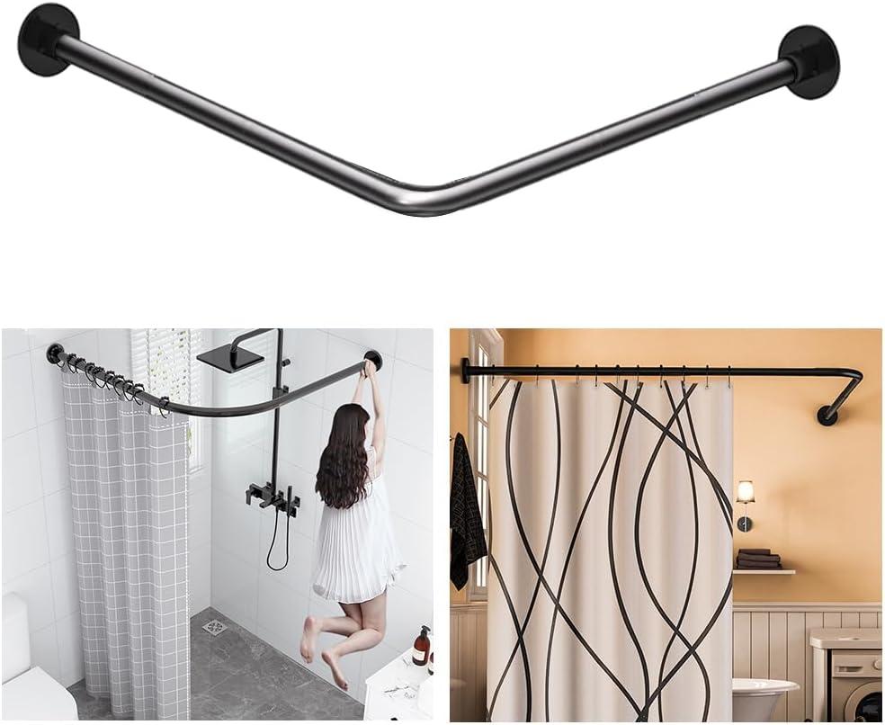L-Shaped Corner Shower Curtain Rod, Black 24"-53" x 24"-53" Adjustable, Unsagging, Drill-free Install,304 Stainless steel 90Curved Rod, Max Size 24"-37" x 55.1 "-69" with 12 Hooks