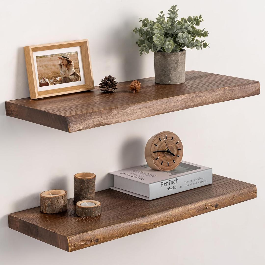 Live Edge Floating Shelves Set of 2, 24 Inch Solid Elm Wood Wall Shelves - Invisible Bracket Mount for Living Room, Bedroom, Kitchen, Bathroom | Vintage Rustic Decor