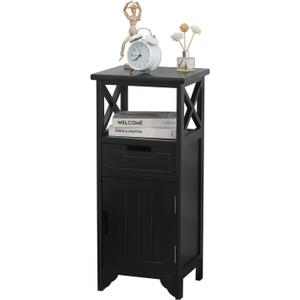 Assembled 30in Height Nightstand, Pre- Assembled Bathroom Floor Cabinet with Shelf and Storage Drawer, Black Tall End Table No Assembly Chest for Living Room Bedroom