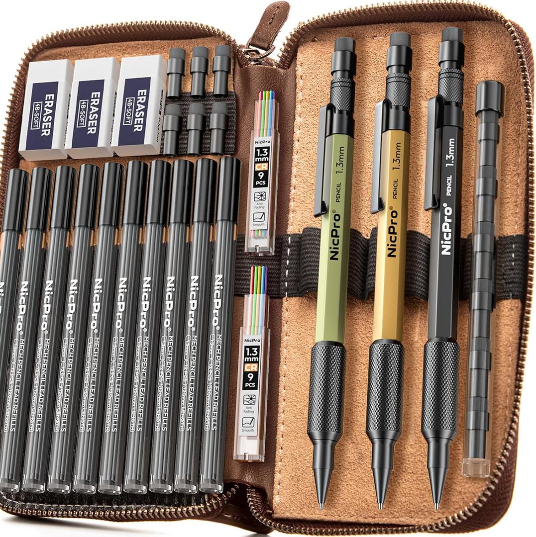 Nicpro 21PCS 1.3 mm Mechanical Pencil Set in Leather Bag with 138 Lead Refill Black & Colors, Erasers- Weatherproof Metal Heavy Duty Carpenter Pencil for Outdoor Drafting Marking Drawing Woodworking (Multicolor) Nicpro 21PCS 1.3 mm Mechanical Pencil Set in Leather Bag with 138 Lead Refill Black & Colors, Erasers- Weatherproof Metal Heavy Duty Carpenter Pencil for Outdoor Drafting Marking Drawing Woodworking (Multicolor)