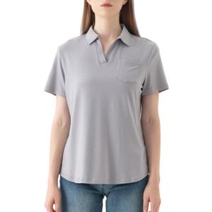 Women's V-Neck Ruffle Design Polo Shirts Short Sleeve Collared Loose Casual Tunic Blouses with Pocket (Light Grey)