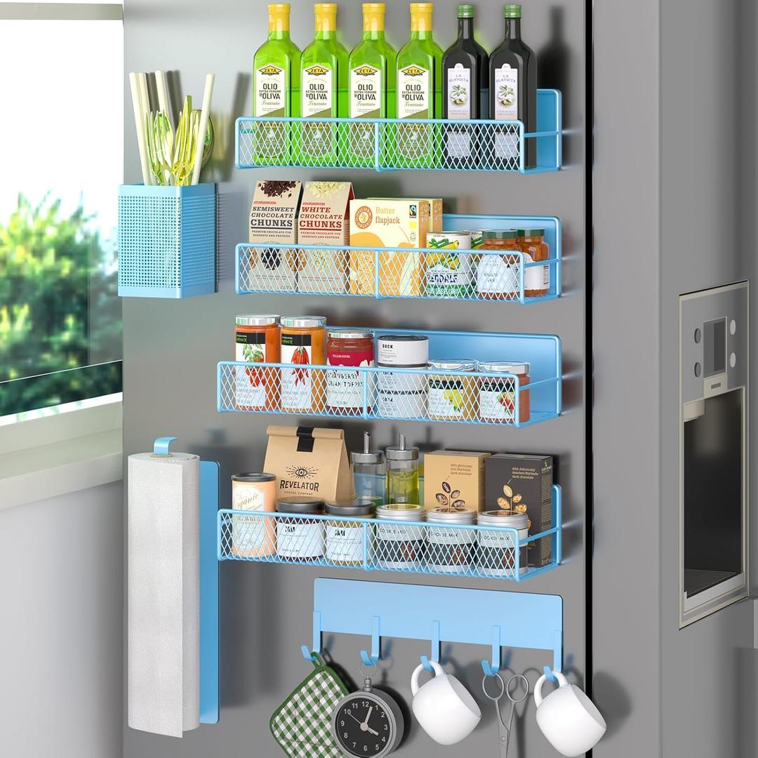 Magnetic Spice Rack for Refrigerator, 7 Pack Metal Magnetic Shelf Blue, Moveable Spice Organizer with Hook Rack, Paper Towel Holder, Kitchenware Holder, Strong Magnetic Storage Fridge Organizer,Blue, 7 Pack