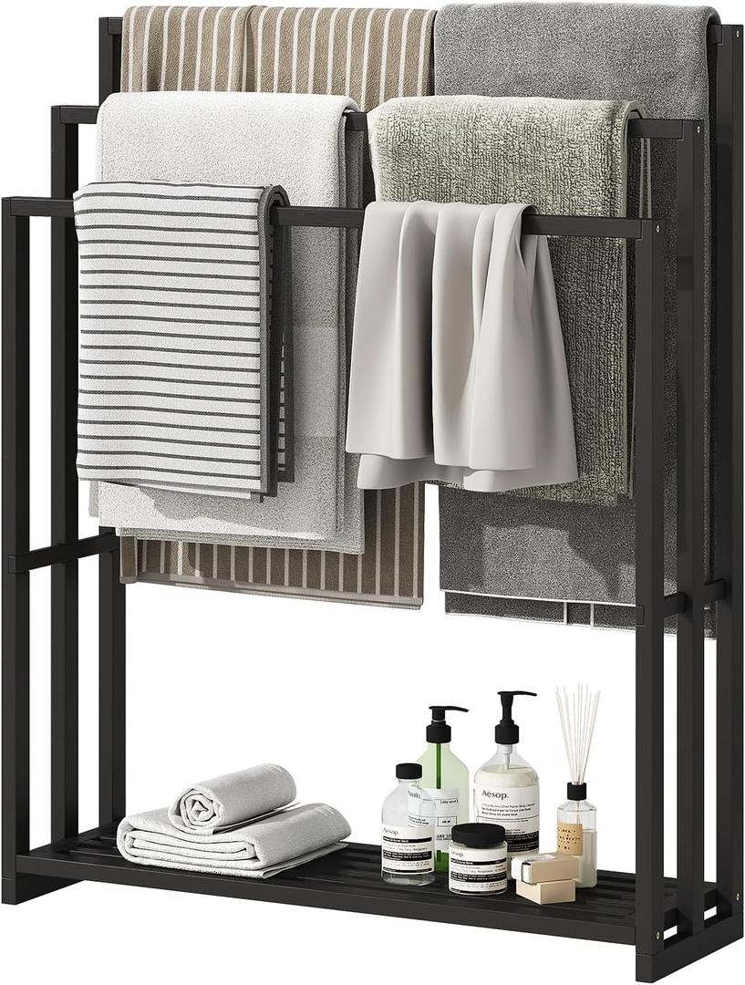 Freestanding Towel Rack, 3 Tier Wide Bamboo Stand with Shelf for Bathroom