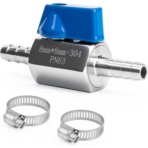 5/16" Hose ID Barb Ball Valve, 304 Stainless Steel Dual 8mm Barb Mini Heater Hose Shut Off Valve with Clamps for Fuel, Gas & Water Lines