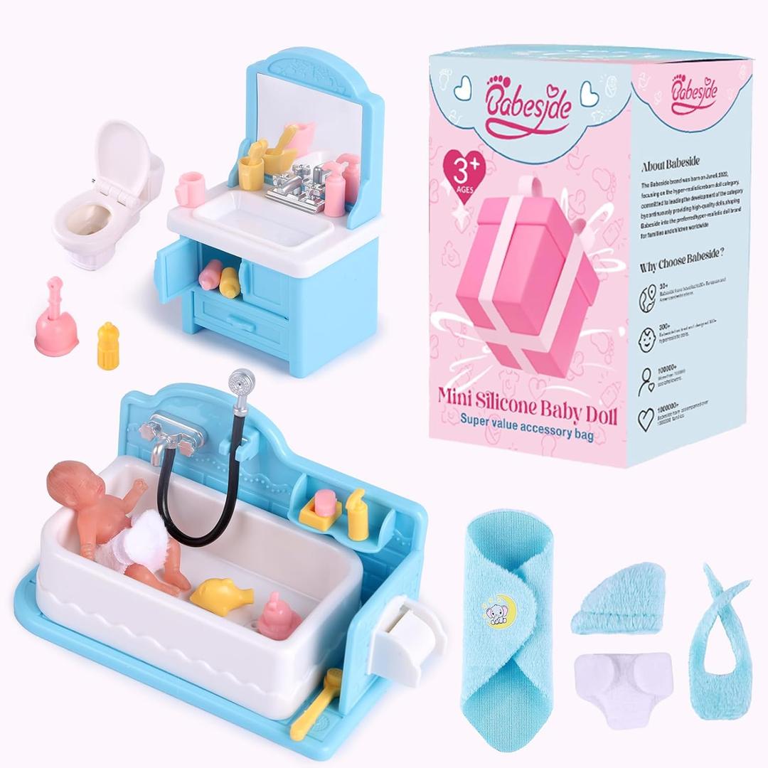 BABESIDE Mini Silicone Baby Dolls, 3 Inch Realistic Newborn Baby Doll Full Silicone Sleeping Little Baby Dolls Mini Real Life Baby Girl Miniature Baby with Bathroom Toy Set Accessories(Blue)