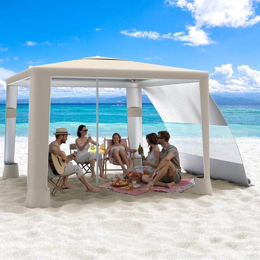 MoKo Beach Cabana, 8'×8' Large Beach Canopy with Side Wall, Khaki