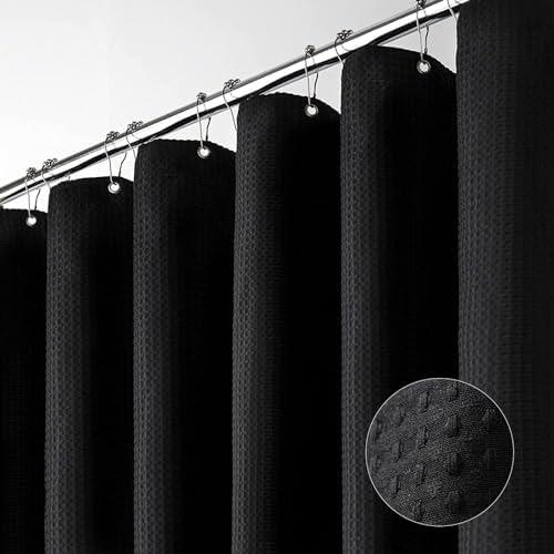 Black Fabric Shower Curtain - Waffle Textured Heavy Duty Cloth Curtains for Bathroom, 256GSM Hotel Spa Luxury Weighted Polyester Bath Curtain Set with 12 Plastic Hooks (72Wx72H, Black)