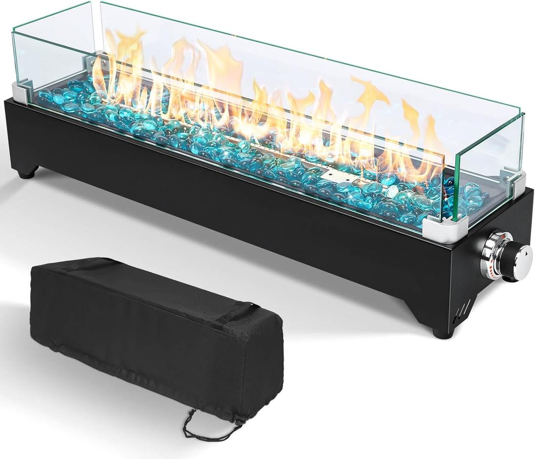 GRISUN 28" Table Top Propane Fire Pit, 45,000 BTU Tabletop Gas Fire Pit, Tabletop Firepit for Patio, Outdoor Portable Fireplace, Rectangular Fire Bowl with Glass Wind Guard, Glass Beads & Cover