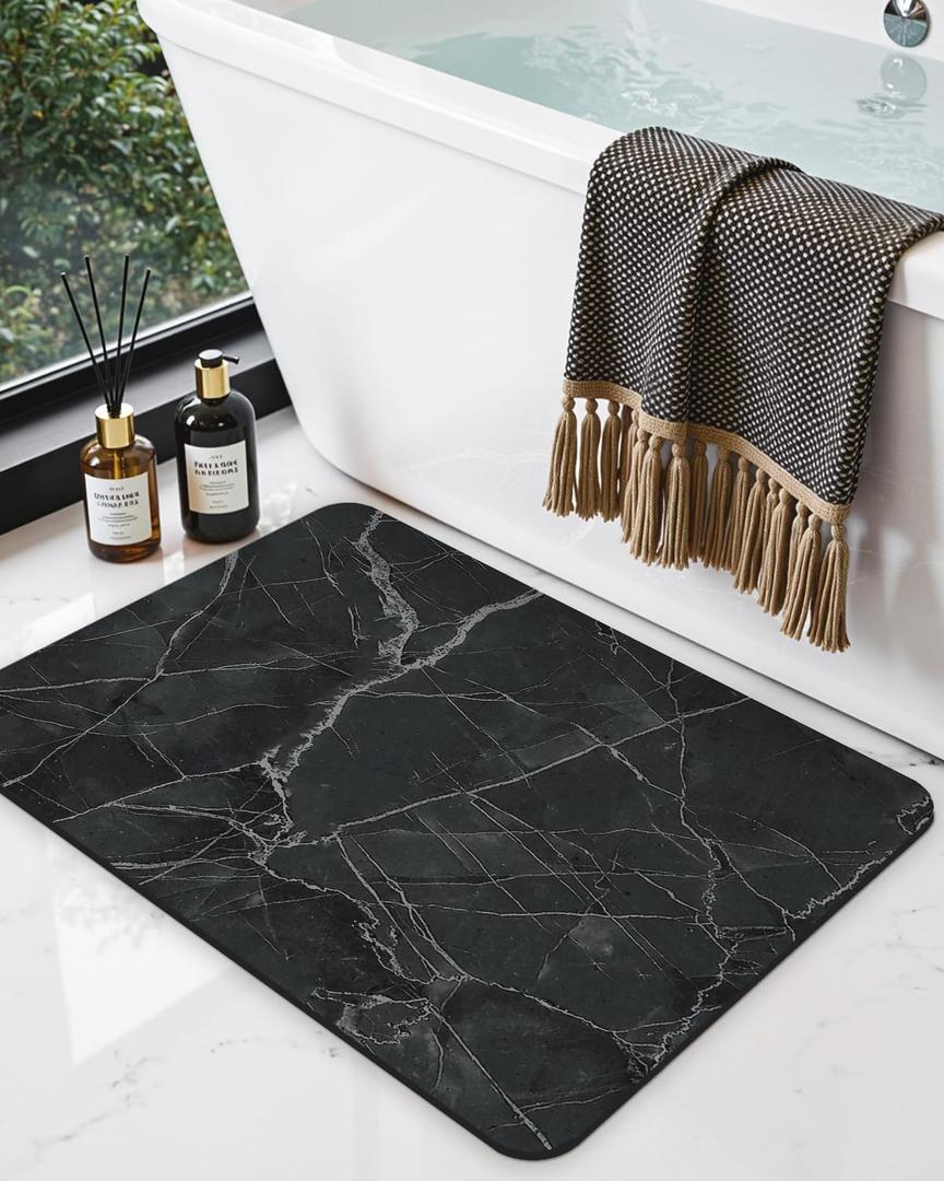 DEXI Bath Mat 16x24, Non Slip Quick Dry Rugs, Super Absorbent Ultra Thin Marble Bathmat, Washable Rubber Mats for Shower Floor, in Front of Bathtub, Sink, Bathroom Accessories Decor, Black