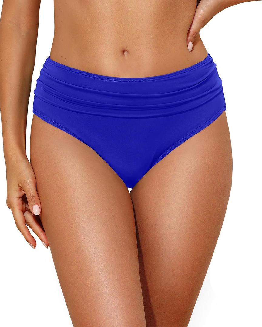 Tempt Me Women Mid Rise Bikini Bottoms Full Coverage Swimsuit Ruched Scrunch Swim Bottom (Small, Royal Blue)