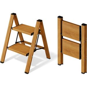 Mayi Plus 2 Step Ladder, Aluminum Folding Step Stool for Adults, Step Ladder with Wide Anti-Slip Pedal, 330 lbs Capacity for Home, Office, Kitchen, Library (Woodgrain)