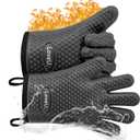 Kitchen Oven Gloves - Dual-Layer Heat Resistant Grilling Gloves, Silicone Oven Mitts with 5 Fingers, Waterproof Non-Slip Pot Holder for Barbecue, Cooking, Baking (Black) (One Size Fits Most)