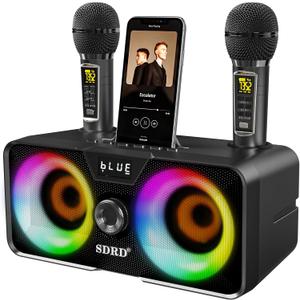Karaoke Machine for Adults and Kids with 2 UHF Wireless Microphones,Portable Bluetooth Speaker PA Speaker System with LED Party Lights for Home Party, Picnic,Car,Outdoor/Indoor/Birthday Gifts (Black)