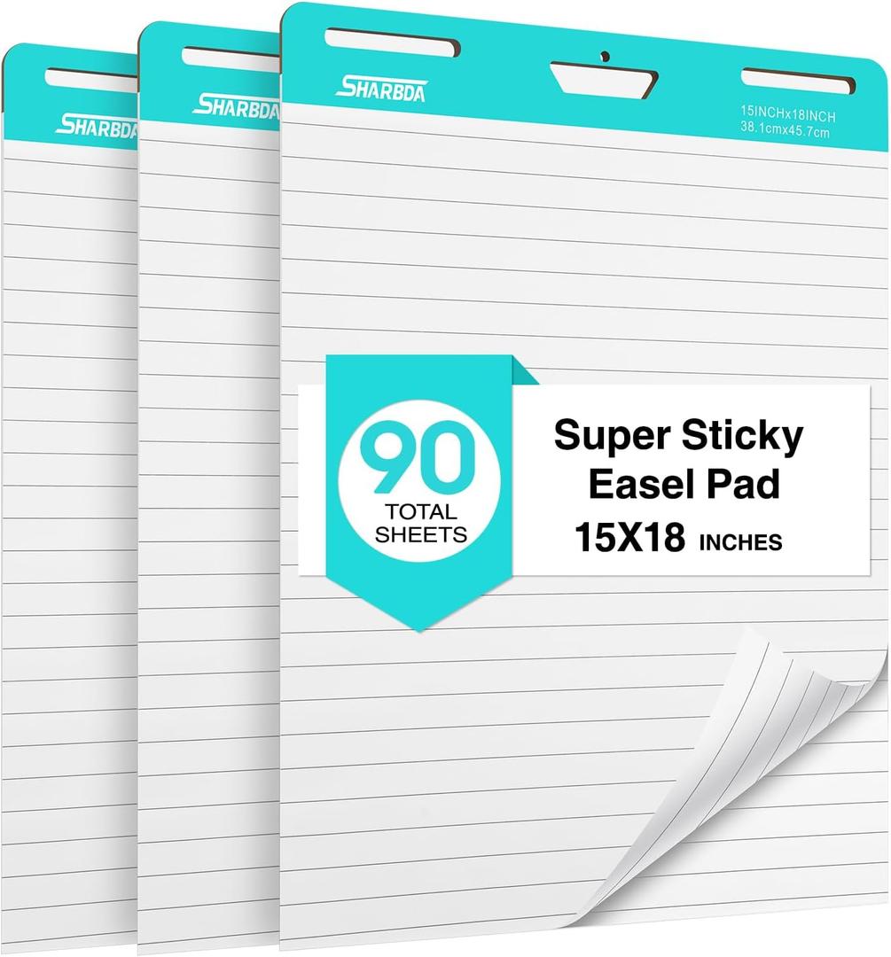 Lined Sticky Easel Pad, 15 * 18 inch,Self-Stick Flip Chart Paper, Super Adhesive & Bleed-Resistant,Micro-Perforated Tear,Classroom Teacher Office Presentation Pads,3 Pads/Pack,90Sheets
