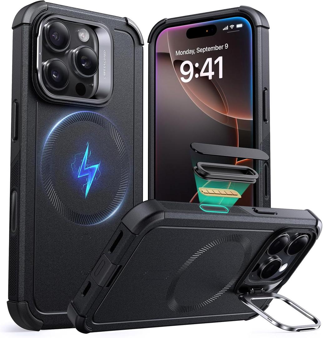 ESR for iPhone 16 Pro Case with Stash Stand, Camera Control, 23FT Military-Grade Shock-Absorbing Drop Protection, Compatible with MagSafe Accessories, Magnetic Cyber Series, Black