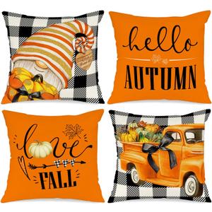 Ywlake Fall 18x18 Throw Pillow Covers Set of 4, Pumpkin Gnome Decorative Holiday Pillow Case 18 x 18 Autumn Cushion Covers Thanksgiving Pillowcase for Indoor Home Bedroom Couch Sofa Decoration Black